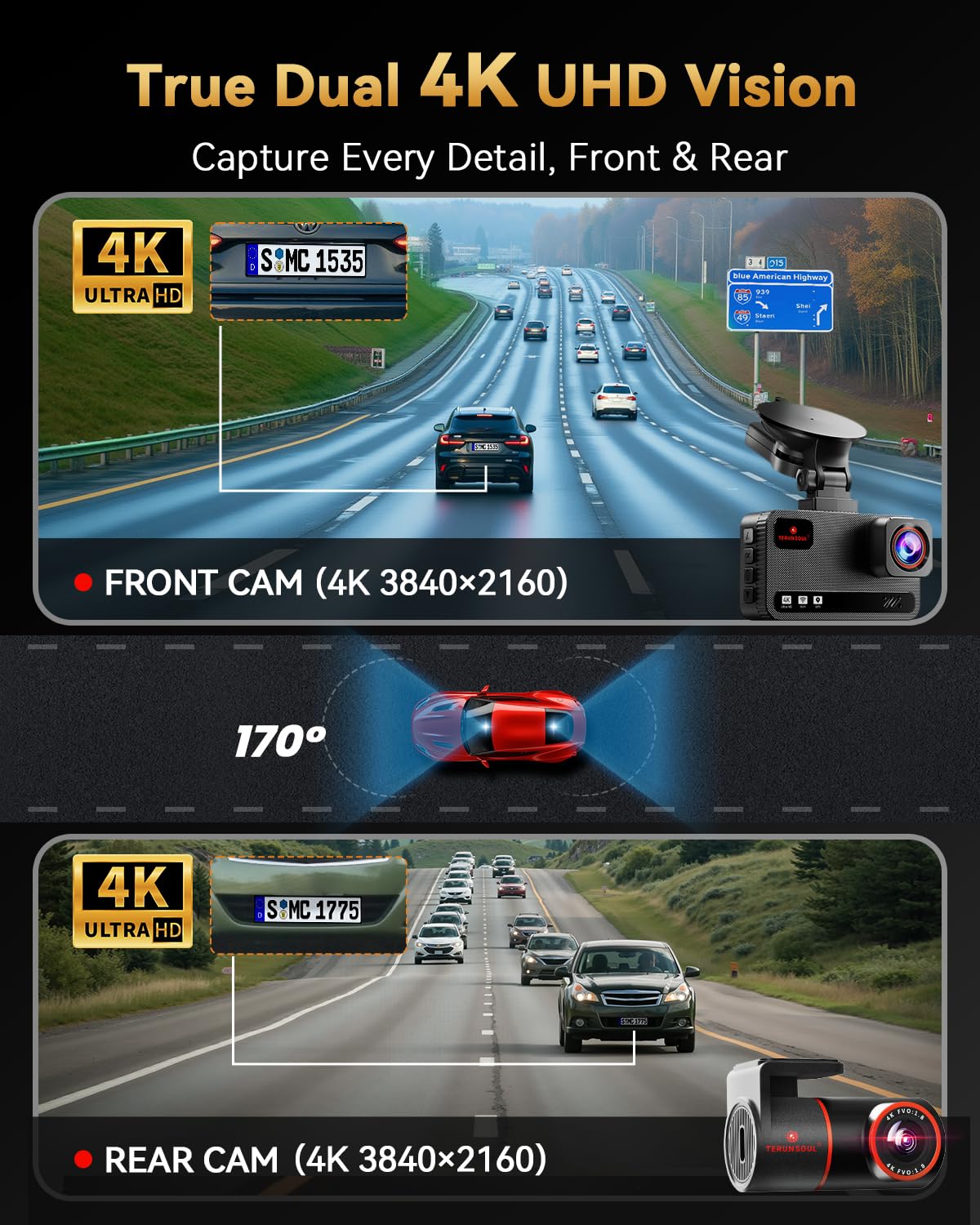 4K Front & Rear Dash Cam with WiFi, GPS & Parking Monitor