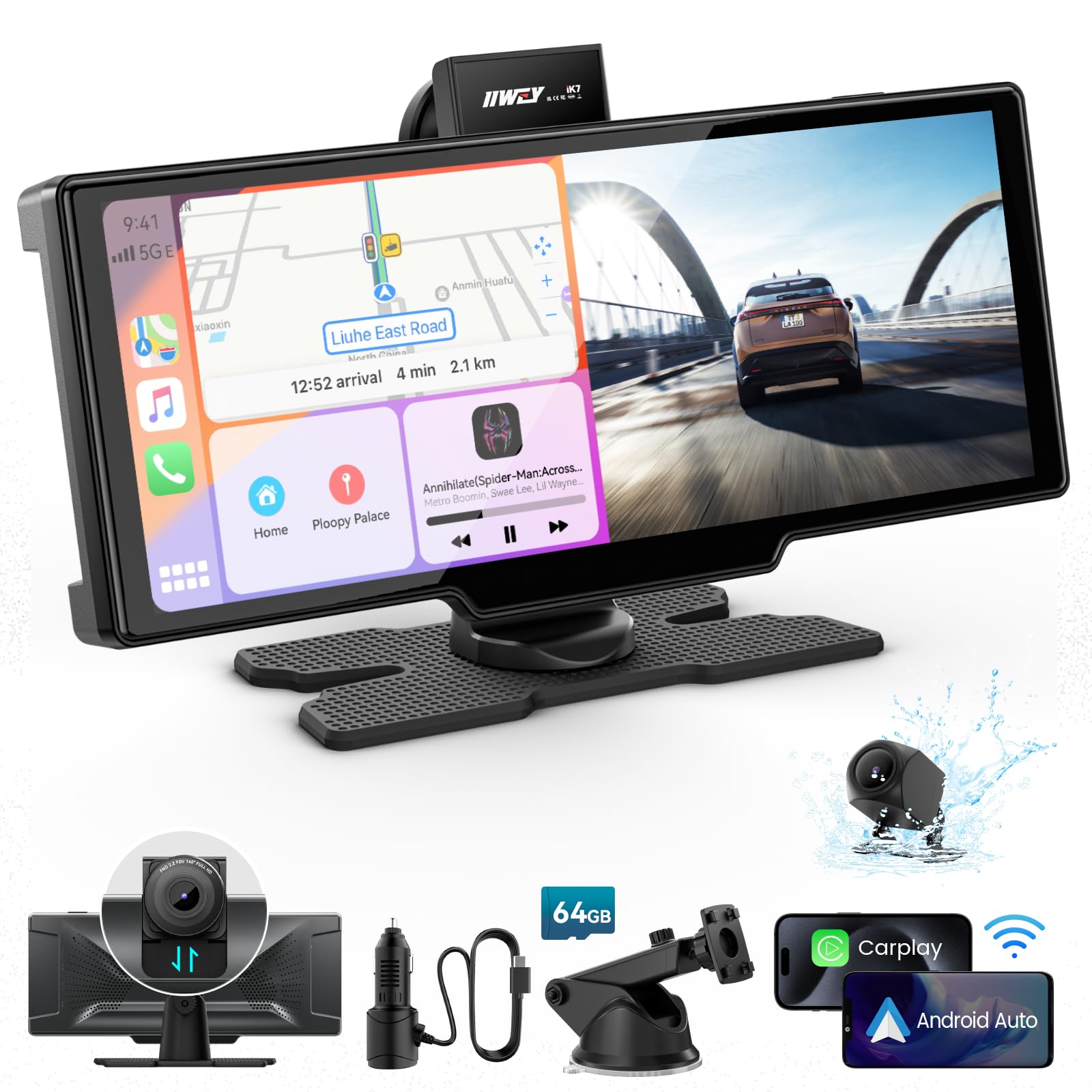 10" Wireless CarPlay Screen with 4K Dash Cam & Backup Camera