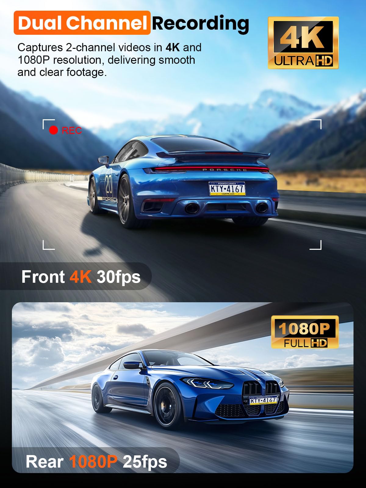 4K Front & Rear Dash Cam with WiFi, GPS & Night Vision