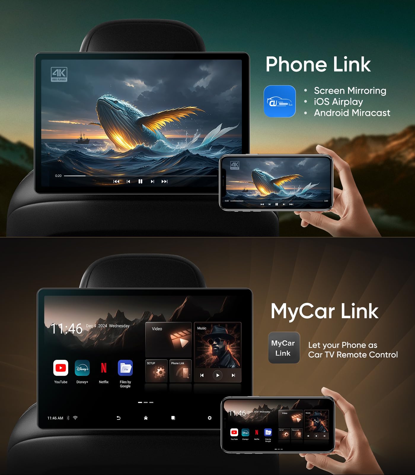 16" 4K Headrest Monitor with WiFi & Wireless Screen Mirroring